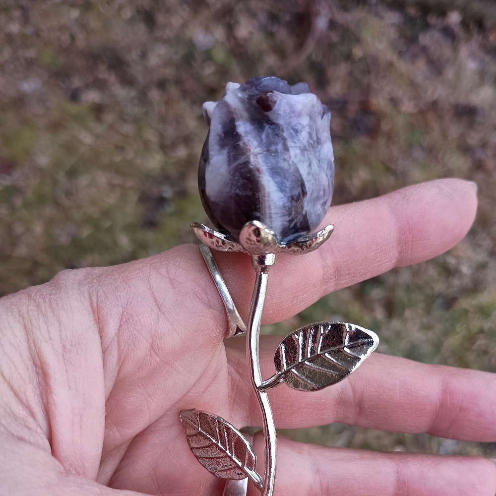 ESTATE SALE: Elegant Dream Amethyst Crystal Rose with Silver stem Healing stone